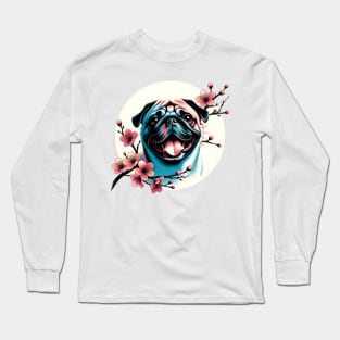 Pug Enjoys Spring Amid Cherry Blossoms and Flowers Long Sleeve T-Shirt